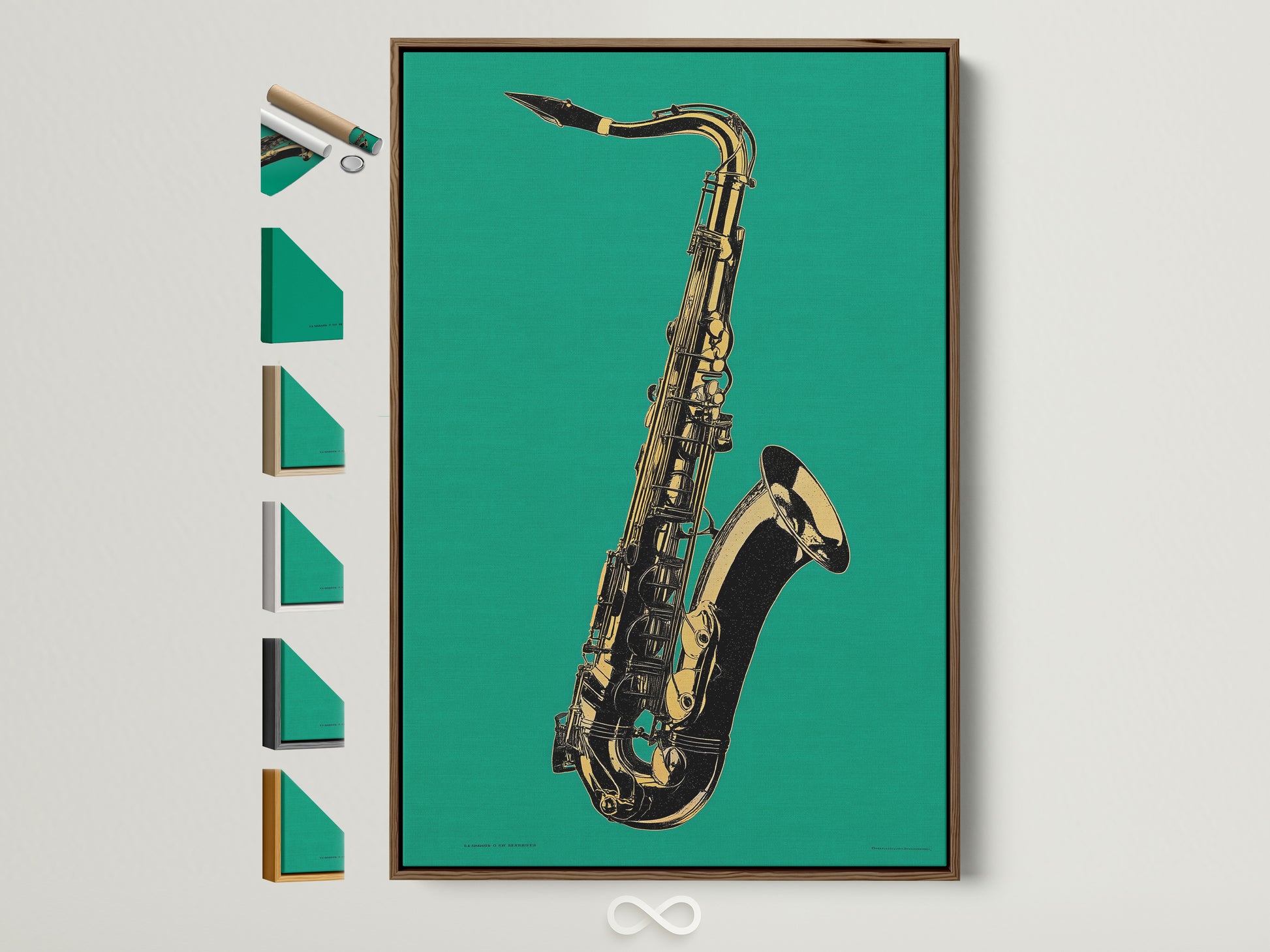 Saxophone wall art with a brown frame displayed on a wall. The artwork features a teal green background. A golden saxophone is centered. This jazz instrument canvas print adds a musical touch to any room. Explore frame options for this music room decor.