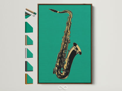 Saxophone wall art with a brown frame displayed on a wall. The artwork features a teal green background. A golden saxophone is centered. This jazz instrument canvas print adds a musical touch to any room. Explore frame options for this music room decor.