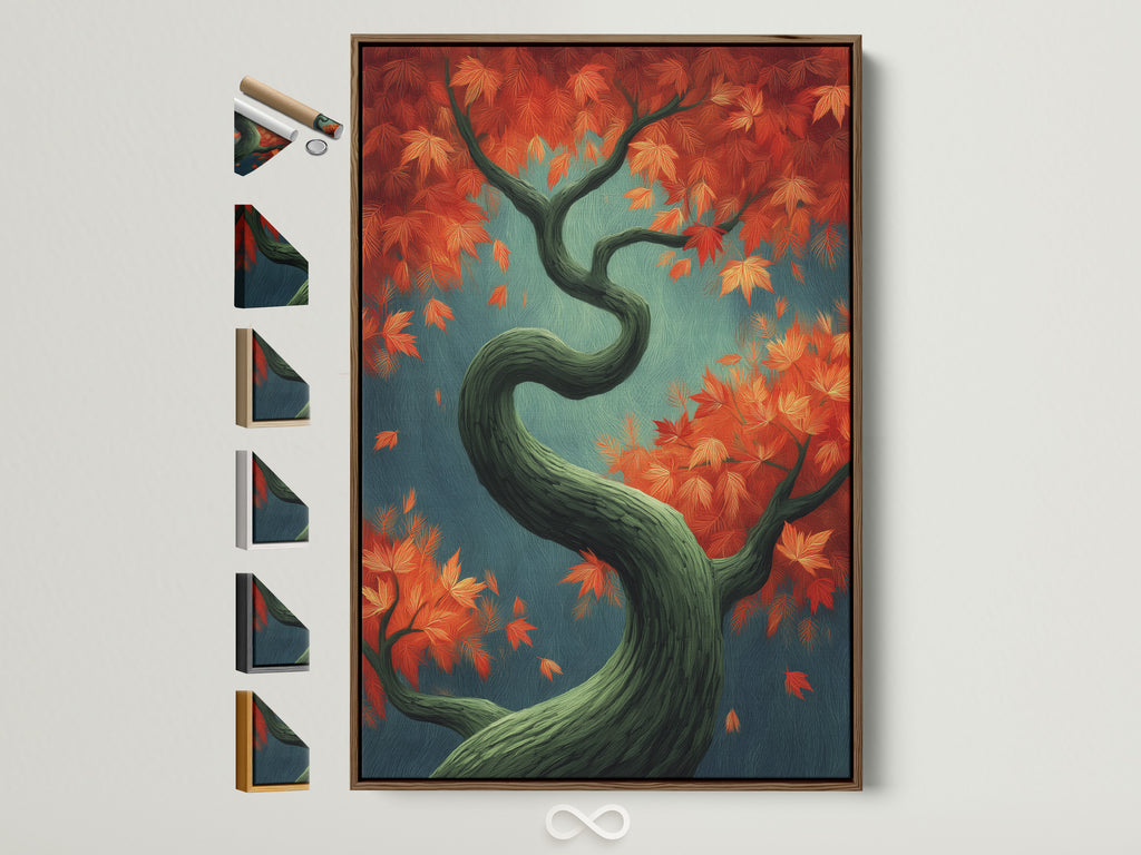 Artwork featuring a Japanese style Autumn Tree Canvas Print with fall foliage. The art has teal and orange colors. It is displayed in a brown floating frame. See other frame options on the side. This zen art creates a calming nature home decor.