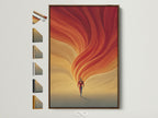 Abstract Runner Canvas Art showcases frame options. The brown frame complements the warm orange swirl artwork. Explore various frame styles to enhance your contemporary motion print. Perfect for bedroom wall art or a unique touch to any space.