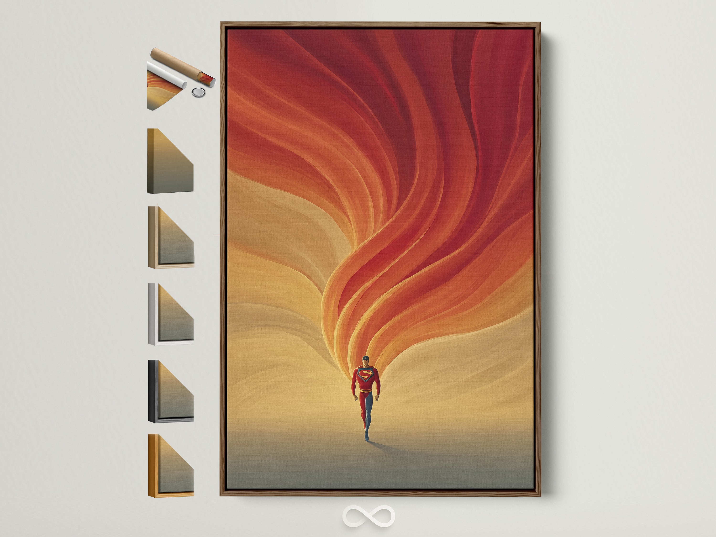 Abstract Runner Canvas Art showcases frame options. The brown frame complements the warm orange swirl artwork. Explore various frame styles to enhance your contemporary motion print. Perfect for bedroom wall art or a unique touch to any space.