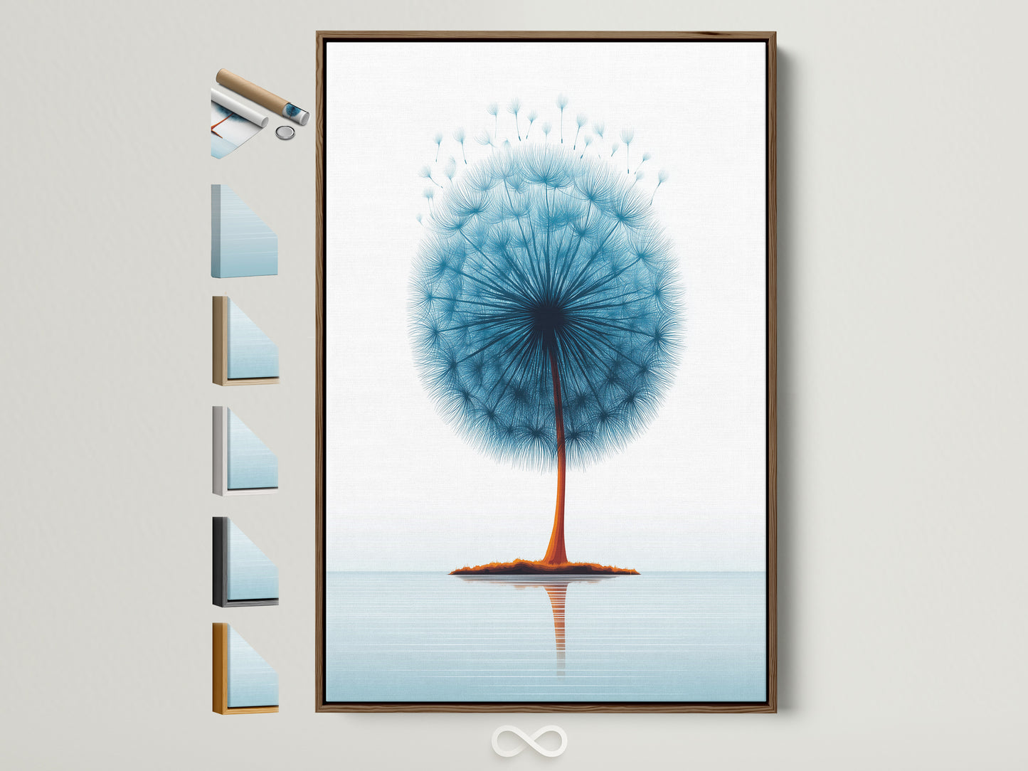 Dandelion teal blue botanical wall art in a brown frame. The frame options are displayed on the side. Perfect minimalist floral artwork for bedroom decor. The brown frame enhances the calming art print. Zen wall decor for serene spaces.