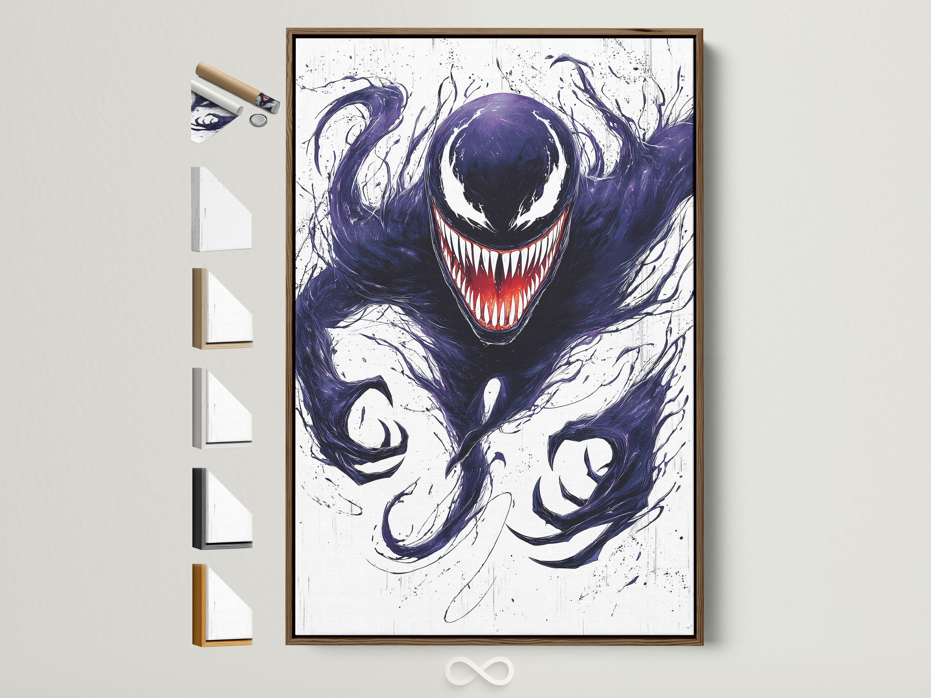 A symbiote-inspired monster canvas print with a brown frame is displayed. This dark creature wall art adds gothic charm to any room. It is perfect for game rooms or horror fans. Explore framed artwork options on the side.