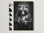 A stylish artwork featuring a bear in a tuxedo is displayed in a brown frame. The artwork is hung on a white wall. Frame options are visible on the side. This framed art adds a touch of sophistication to any room. Perfect for animal lovers and art enthusiasts alike. Discover unique framed art to elevate your home decor.