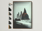 Iceland Black Sand Beach artwork in a brown frame. See all frame and artwork options on the side. This coastal seascape wall art brings minimalist nature into any office. Perfect Nordic landscape art for beach home decor.