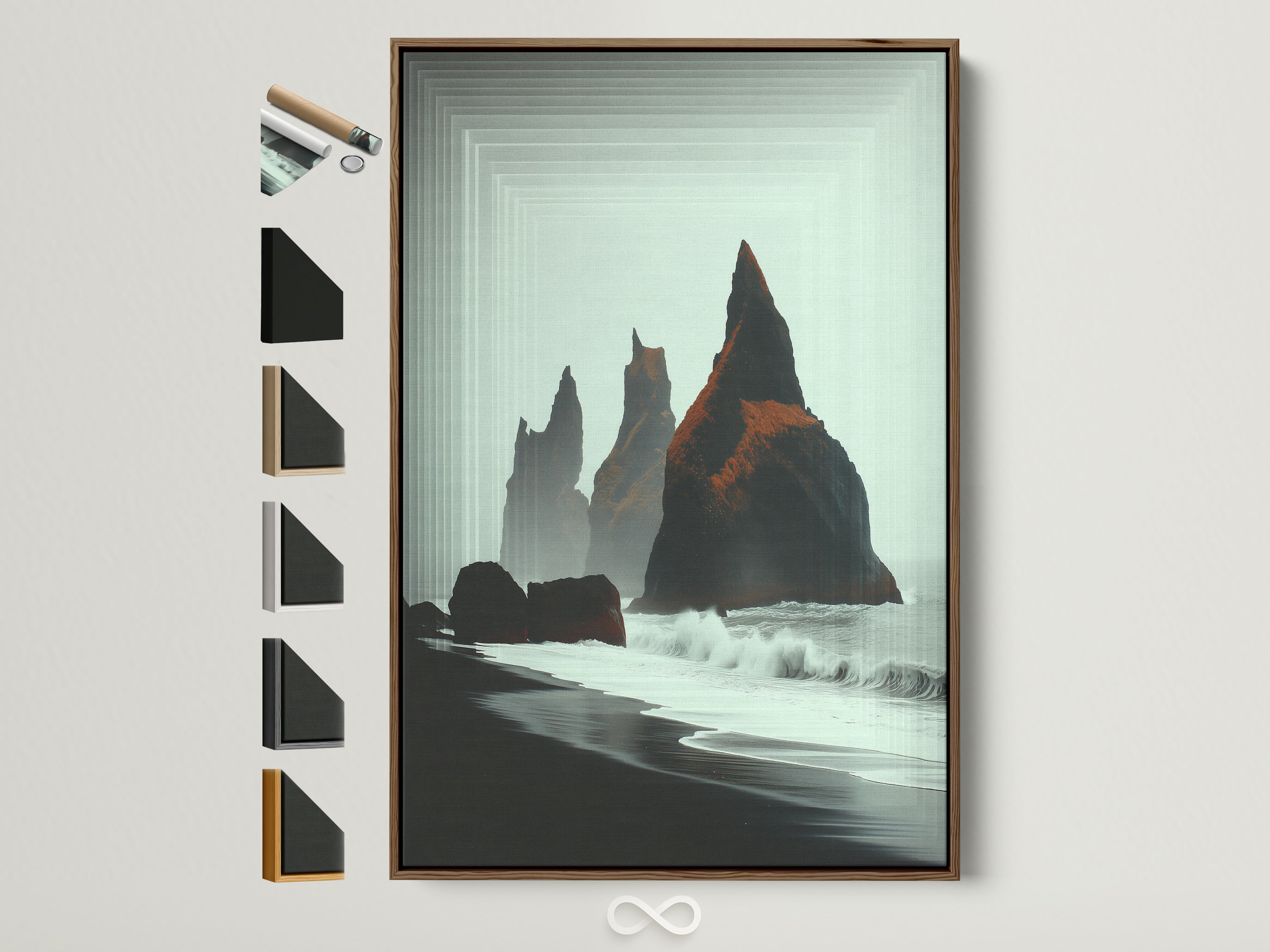 Iceland Black Sand Beach artwork in a brown frame. See all frame and artwork options on the side. This coastal seascape wall art brings minimalist nature into any office. Perfect Nordic landscape art for beach home decor.