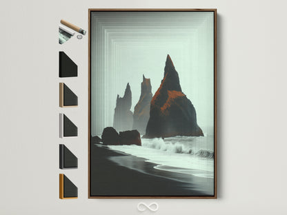 Iceland Black Sand Beach artwork in a brown frame. See all frame and artwork options on the side. This coastal seascape wall art brings minimalist nature into any office. Perfect Nordic landscape art for beach home decor.