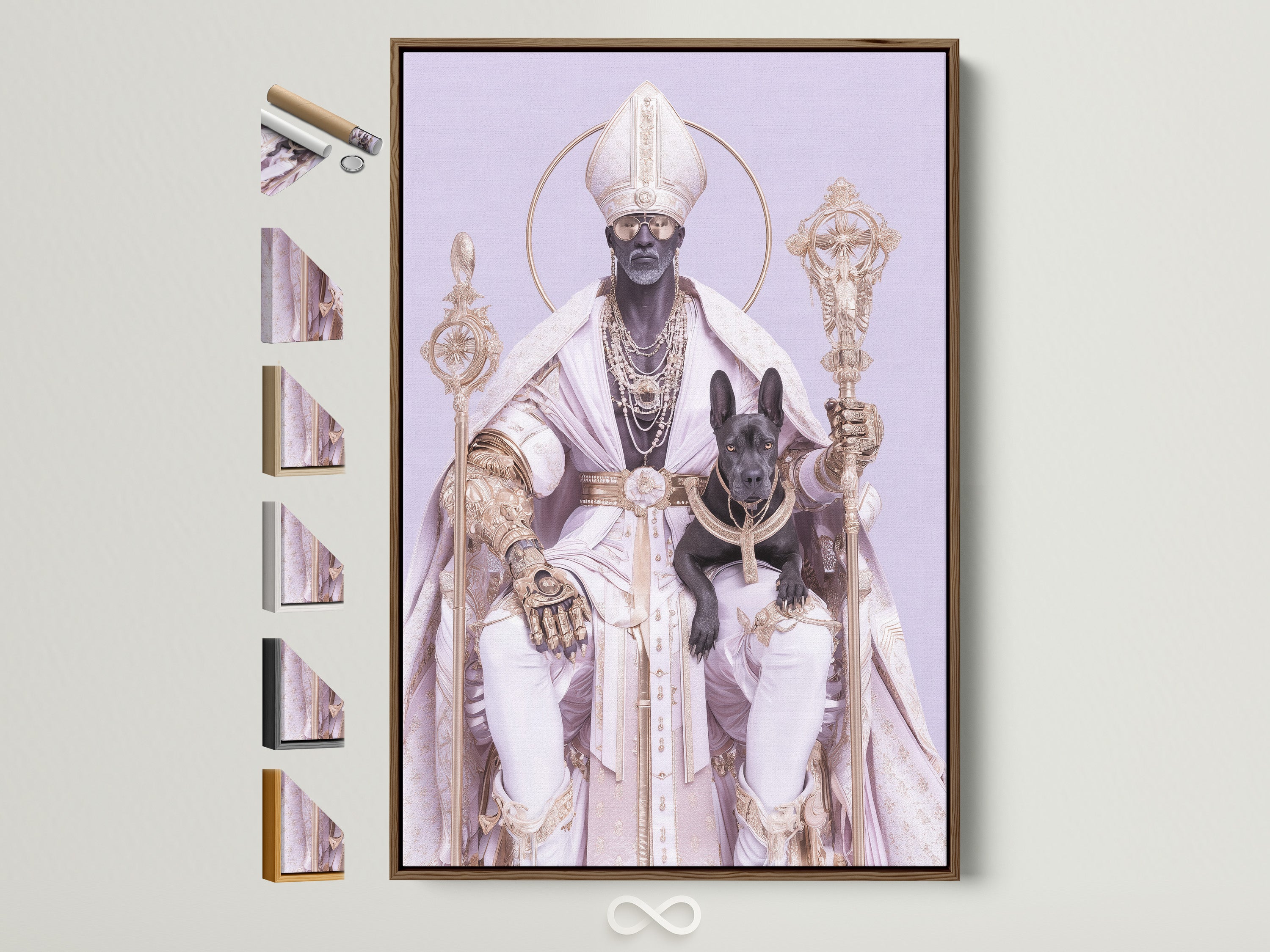 A religious art print featuring Saint Nicholas is displayed in a brown frame. Various frame options are showcased beside it. This contemporary artwork combines gold and purple hues offering a modern take on a classic orthodox icon. Perfect for adding spiritual elegance to any space