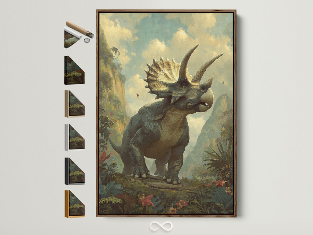 A triceratops artwork is showcased in a brown frame. This artwork is displayed alongside other frame options. Discover the perfect frame to complement your unique artwork. Enhance your space with our diverse framing choices.
