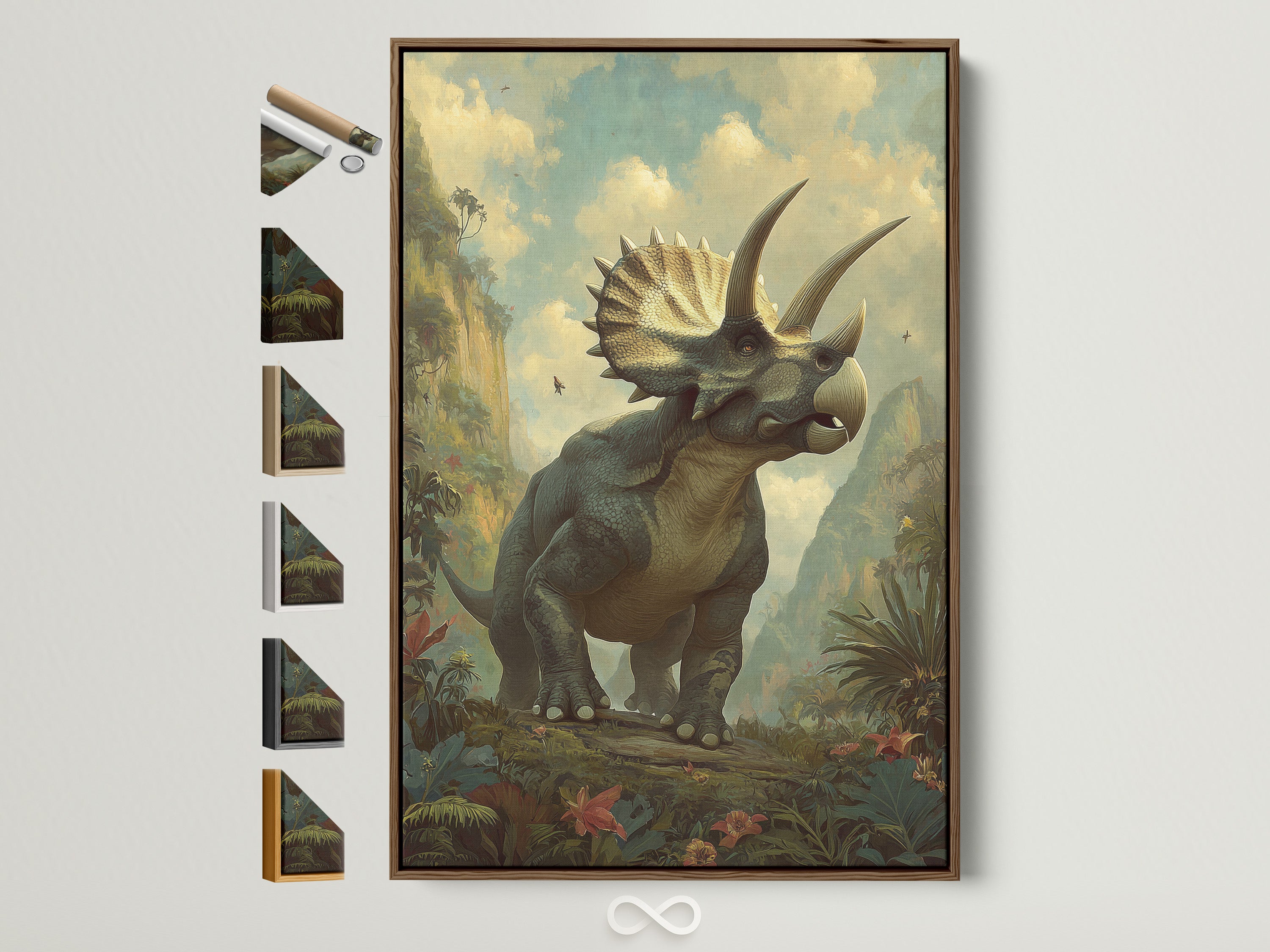 A triceratops artwork is showcased in a brown frame. This artwork is displayed alongside other frame options. Discover the perfect frame to complement your unique artwork. Enhance your space with our diverse framing choices.