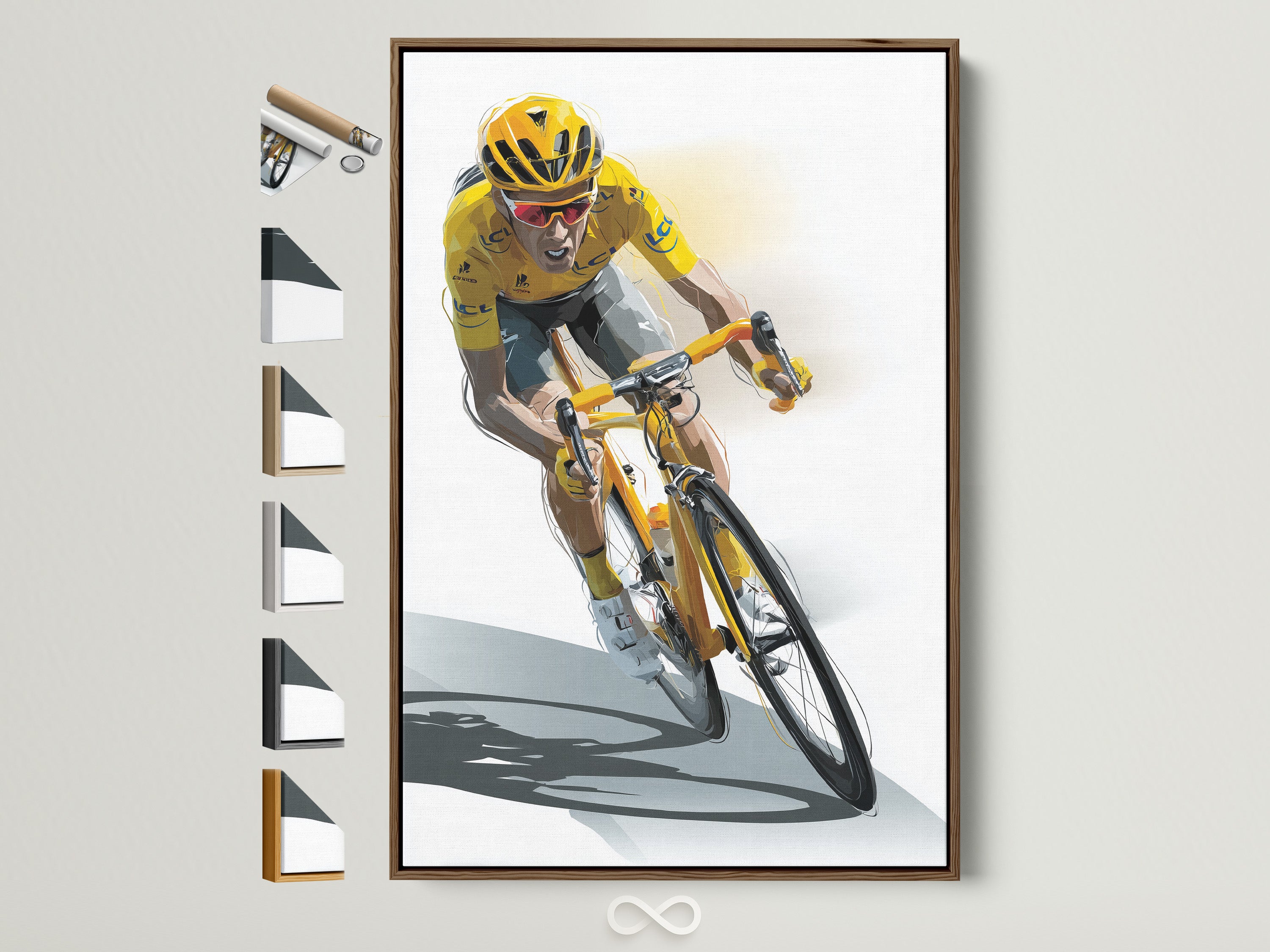 Artwork featuring a cyclist in a yellow jersey. The art is framed in a brown frame. Explore frame options to find the perfect match for your artwork. Discover various frame styles to complement your taste.