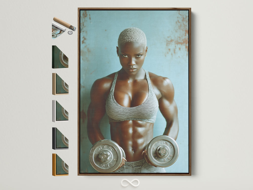 Strong woman fitness art in a brown frame. Weightlifting canvas print displayed with frame options. Perfect gym motivation wall art for a home gym or workout room. The artwork adds a contemporary style with grey and blue tones.