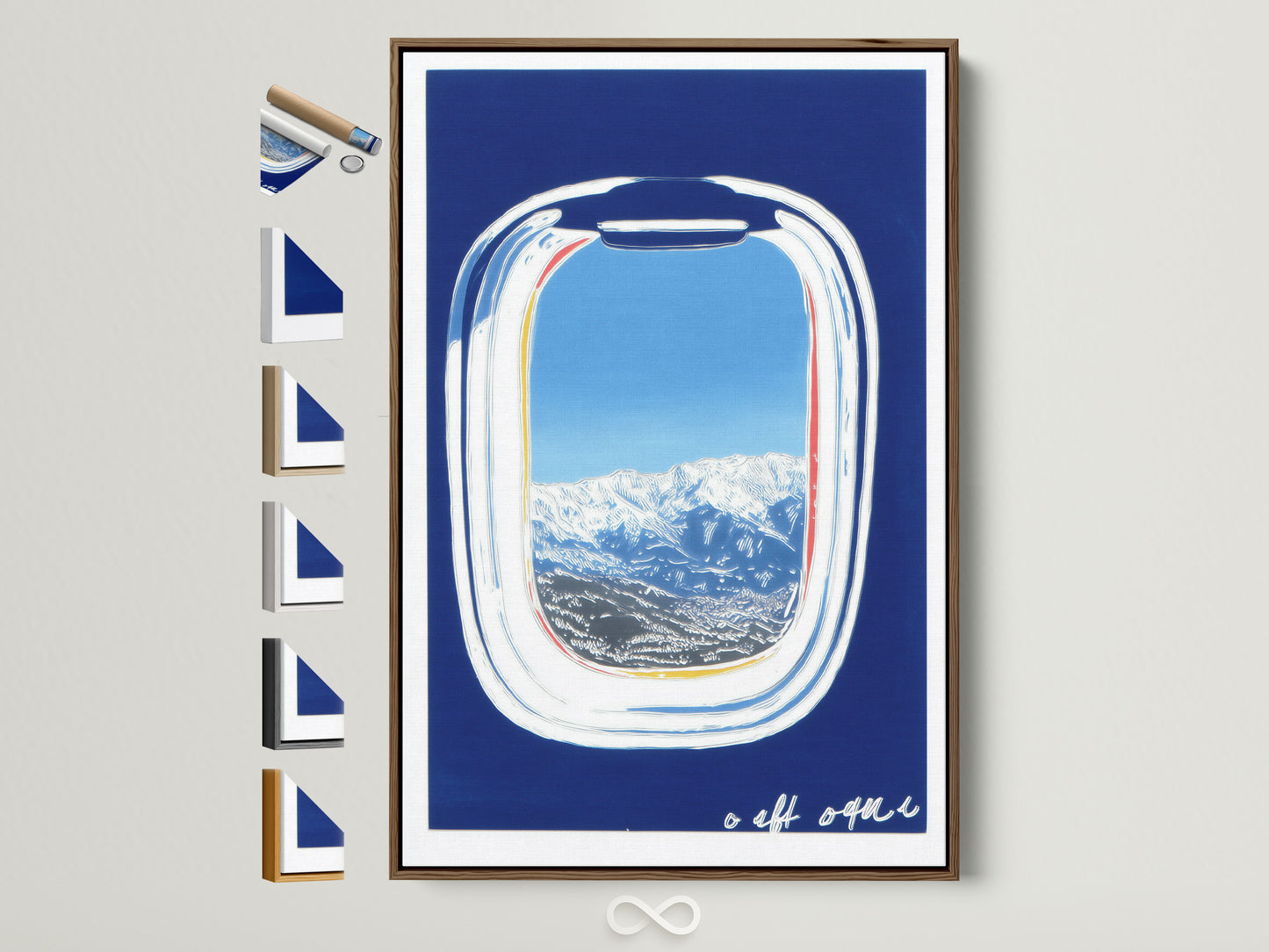 Artwork featuring an airplane window view in a brown frame. The art showcases a mountain landscape with a blue sky. Frame options are displayed beside the framed artwork. Perfect modern wall art for travel enthusiasts.