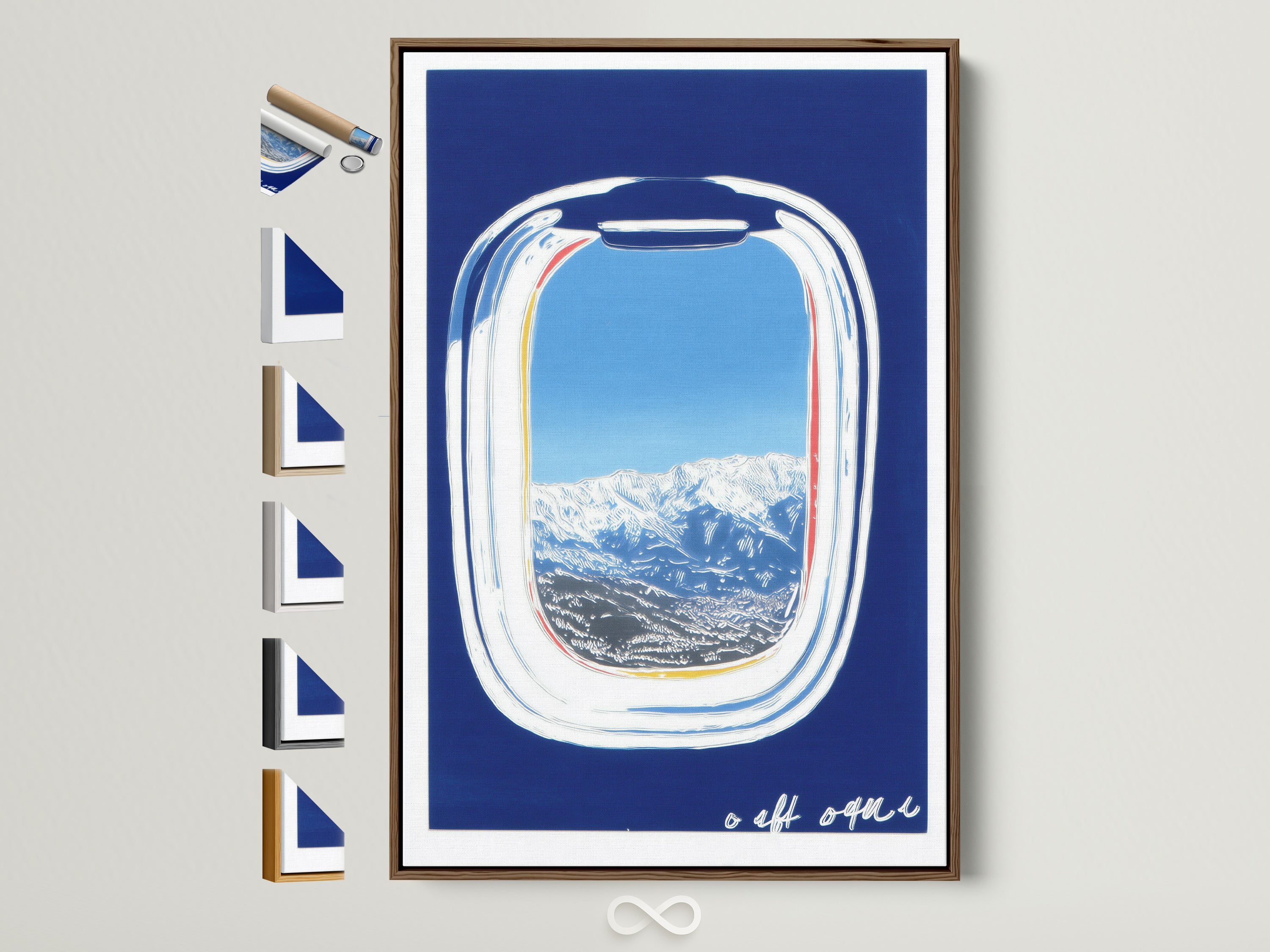 Artwork featuring an airplane window view in a brown frame. The art showcases a mountain landscape with a blue sky. Frame options are displayed beside the framed artwork. Perfect modern wall art for travel enthusiasts.