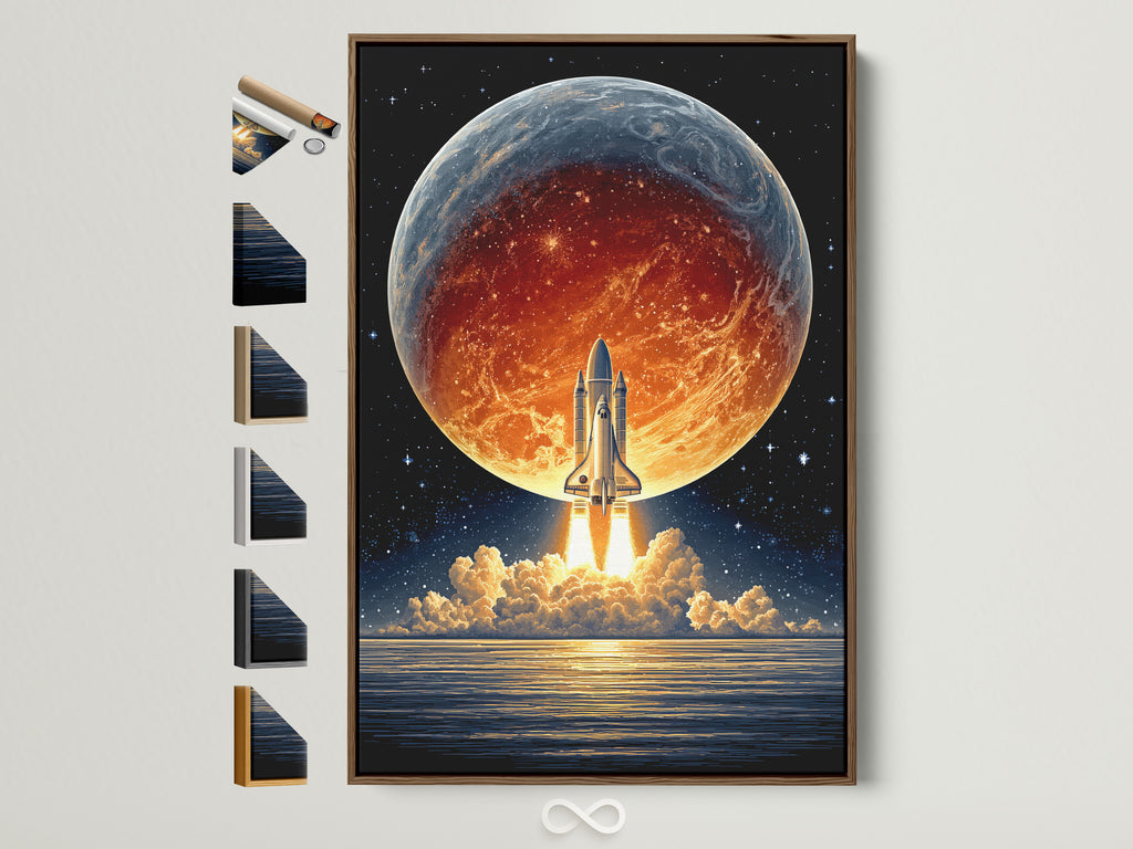 A captivating space shuttle launch artwork is displayed in a brown frame. This retro sci-fi wall art features a vibrant planet Earth backdrop. Various frame options are visible adding to the artistic presentation. Perfect for office space decor or any room needing cosmic wall art.