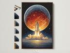 A captivating space shuttle launch artwork is displayed in a brown frame. This retro sci-fi wall art features a vibrant planet Earth backdrop. Various frame options are visible adding to the artistic presentation. Perfect for office space decor or any room needing cosmic wall art.