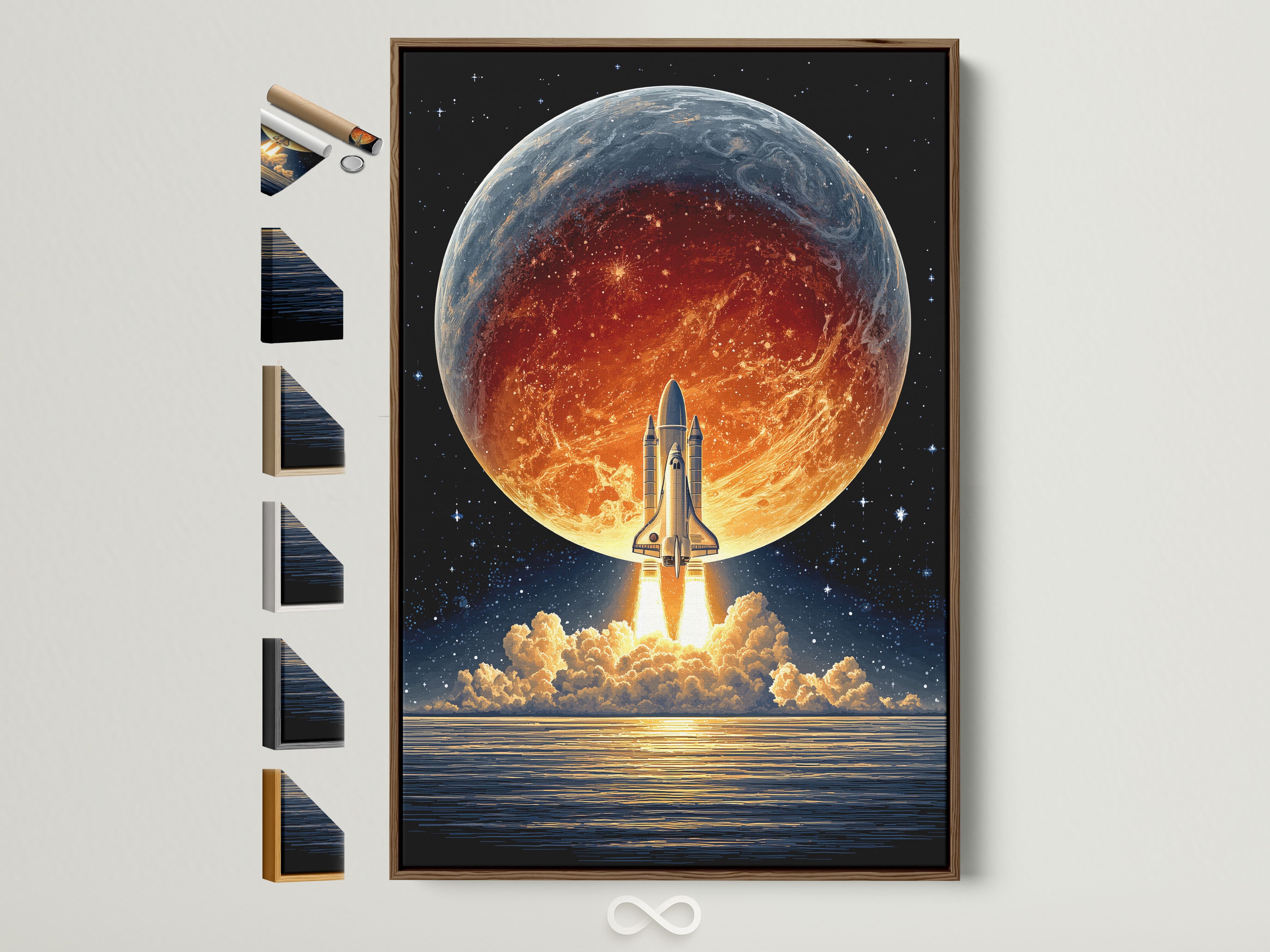 A captivating space shuttle launch artwork is displayed in a brown frame. This retro sci-fi wall art features a vibrant planet Earth backdrop. Various frame options are visible adding to the artistic presentation. Perfect for office space decor or any room needing cosmic wall art.