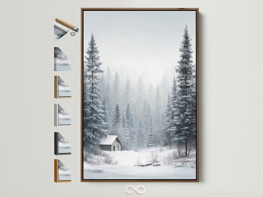 Winter Forest artwork framed in a brown frame. The artwork depicts snow-covered pine trees. A cozy cabin sits nestled in the winter landscape. Frame options are displayed on the side. Perfect wall art for rustic and cozy decor styles.
