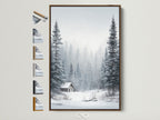 Winter Forest artwork framed in a brown frame. The artwork depicts snow-covered pine trees. A cozy cabin sits nestled in the winter landscape. Frame options are displayed on the side. Perfect wall art for rustic and cozy decor styles.