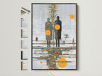 Framed abstract human figures artwork with an orange circle. The brown frame showcases all available frame options. Perfect for contemporary or mid-century modern spaces. Elevate your living room or office decor with this reflection print. A stylish addition to any art collection.