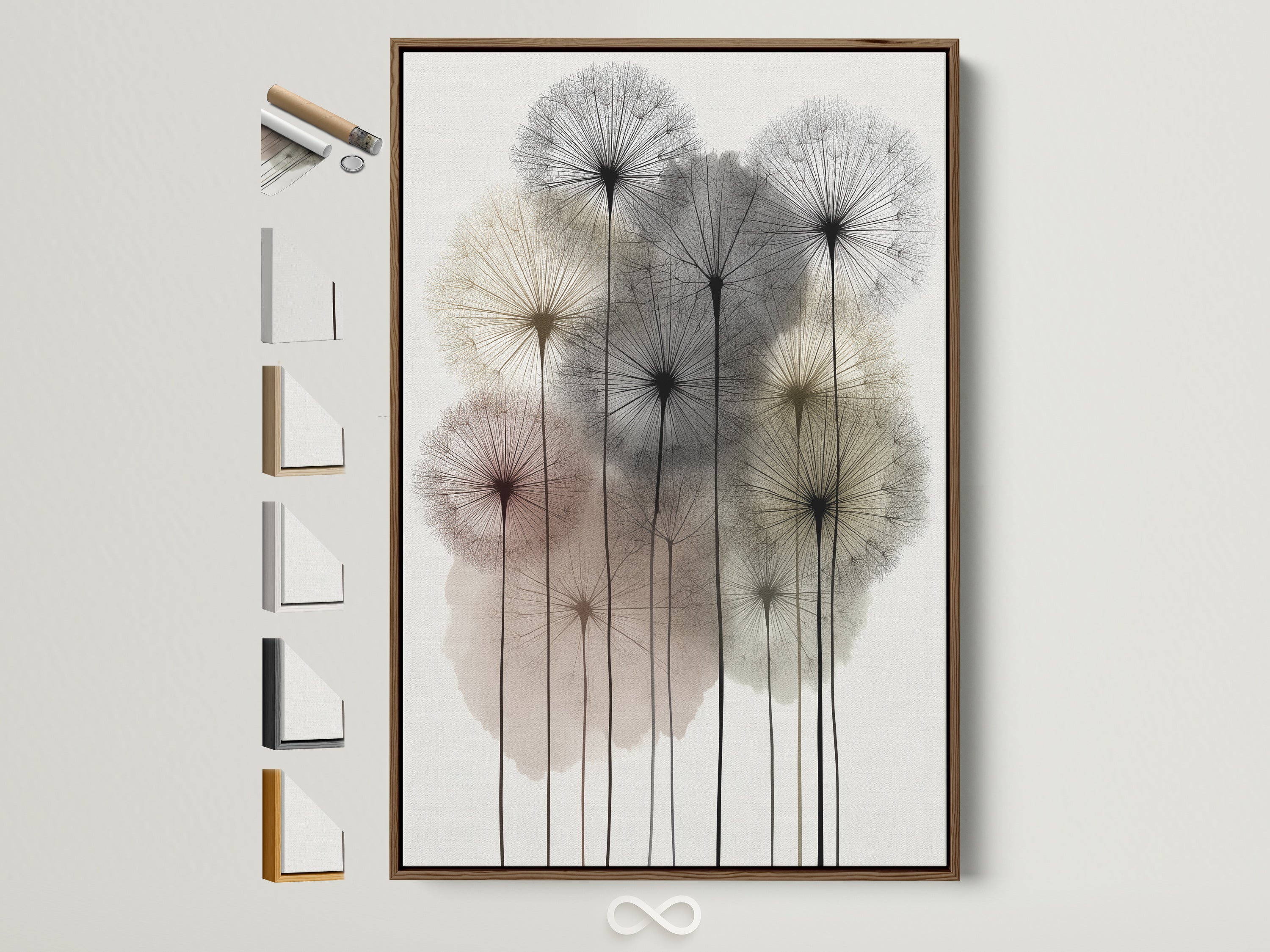 Dandelion artwork with a brown frame. This botanical print offers a neutral and modern touch. See all frame options available. Perfect for adding minimalist art to your bedroom or living space. This floral canvas enhances scandi decor.