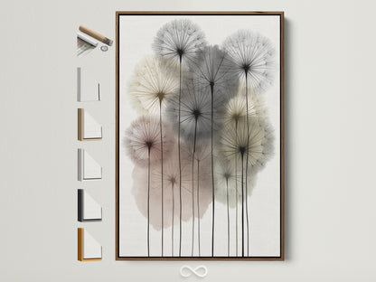 Dandelion artwork with a brown frame. This botanical print offers a neutral and modern touch. See all frame options available. Perfect for adding minimalist art to your bedroom or living space. This floral canvas enhances scandi decor.