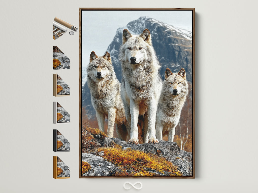 A wolf pack artwork is displayed in a brown frame. The artwork features a wildlife photography scene. See all frame options available. Perfect rustic animal poster for cabin decor. A great way to bring nature indoors.