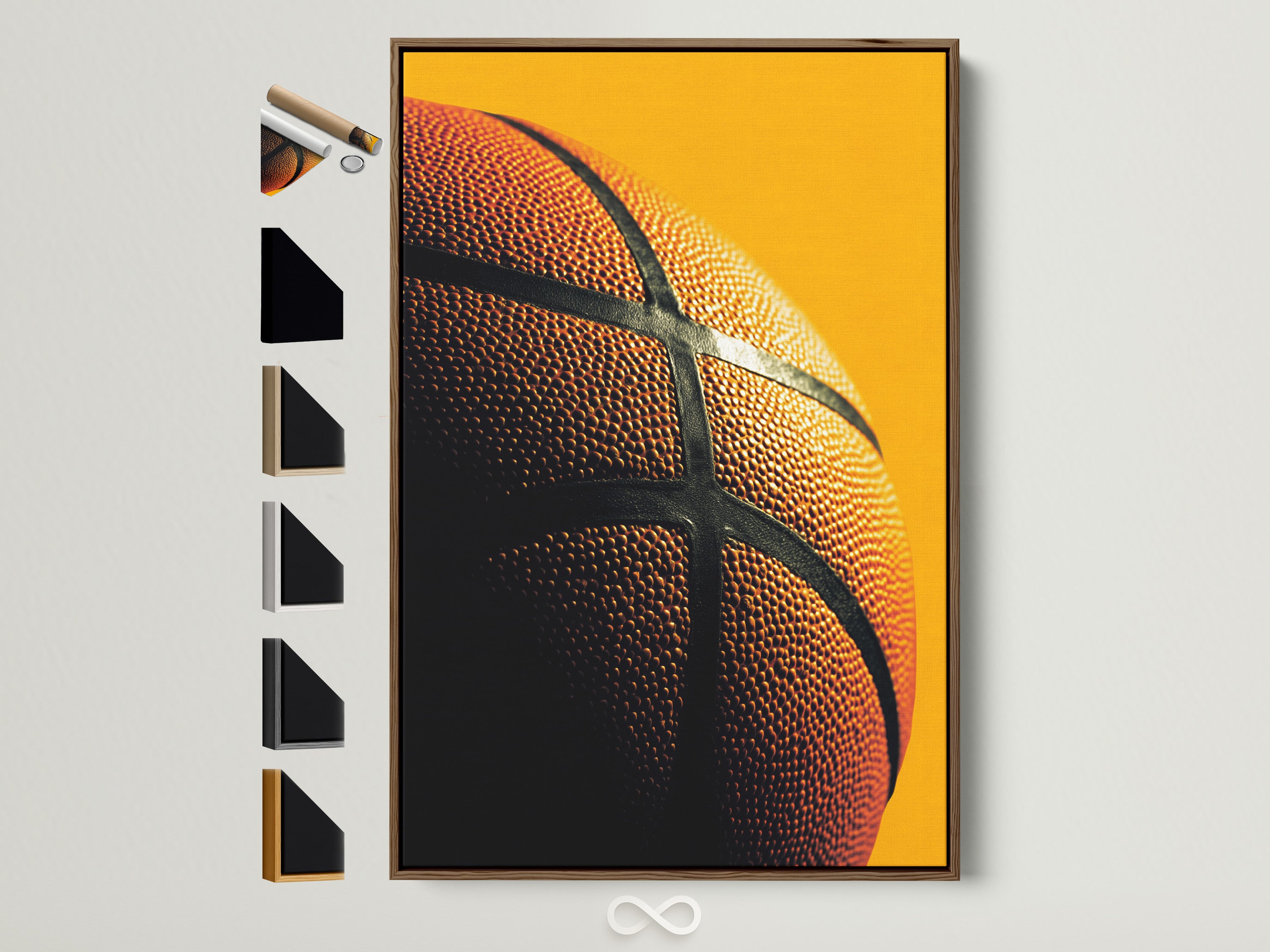 Artwork featuring a basketball in a brown frame. View all frame options available. Find the perfect frame to complement your space. Explore various styles and materials to showcase your art.