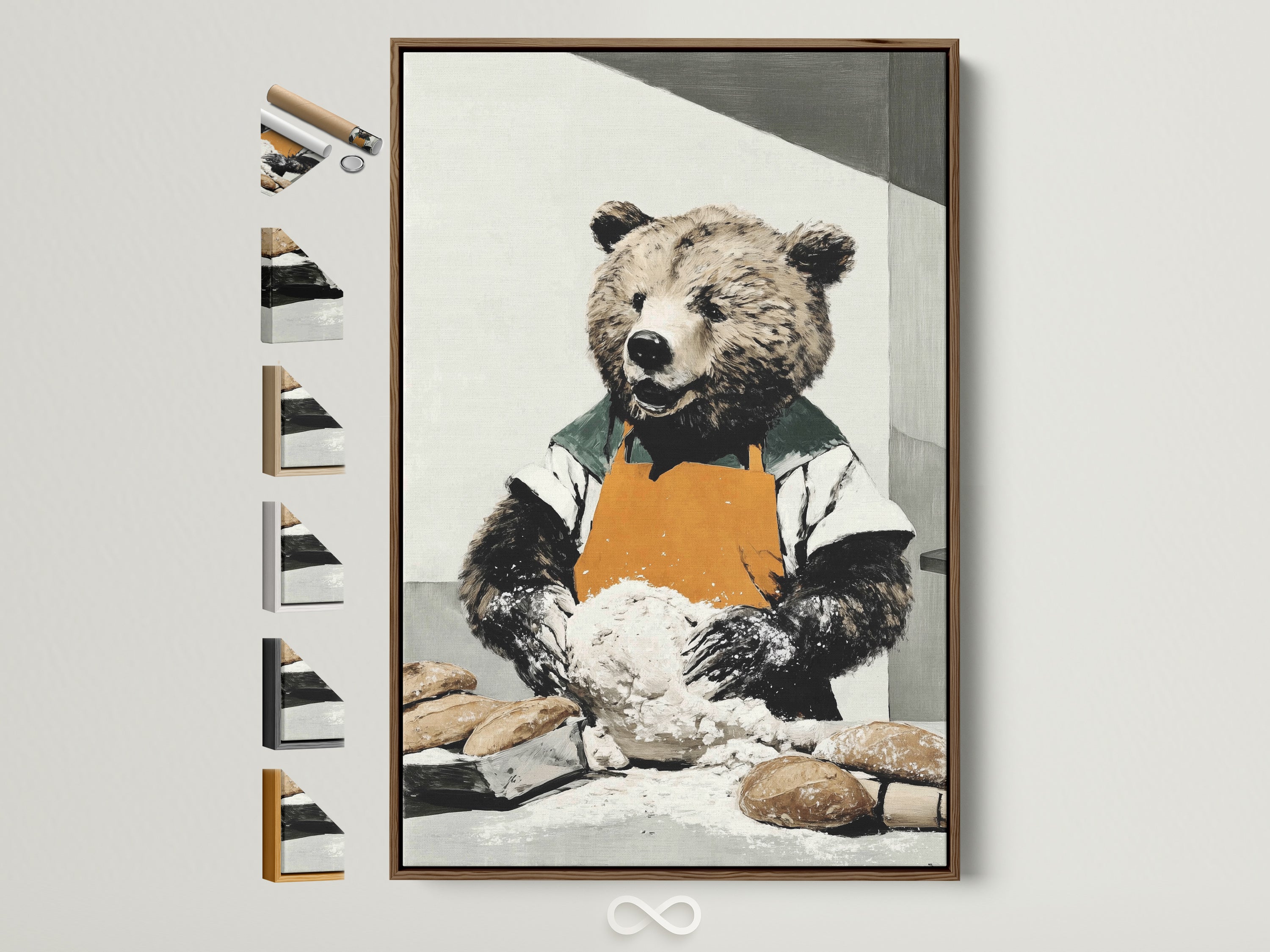 This is a charming artwork of a bear baking. The artwork is displayed in a brown frame. View all frame options to perfectly match your kitchen decor. This whimsical animal artwork adds a touch of rustic charm to any dining room or bakery.