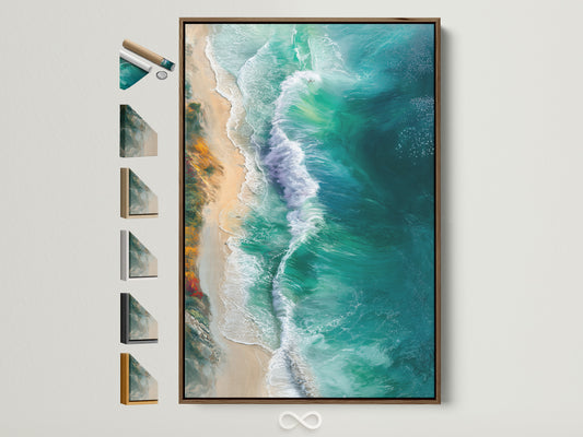 Coastal beach wall art displayed in a brown frame. This ocean waves artwork features turquoise and teal aerial photography. Frame options are showcased beside the displayed artwork. Perfect coastal decor for any room.