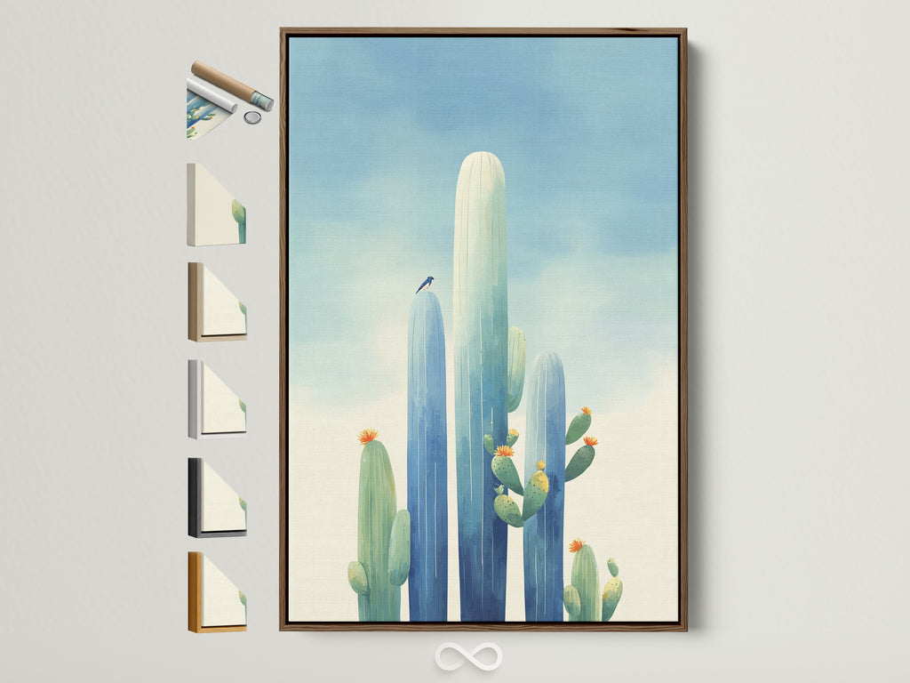 Cactus canvas print in a brown frame. The image displays all available frame options on the side. Southwestern teal blue artwork adds a touch of desert charm to entryway decor. It's perfect for homeowners and interior decorators seeking southwestern artwork.