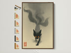 Mystical Fox Spirit art print with a brown frame. The artwork features a dark fox with glowing eyes. Frame options are displayed on the side. Gothic wall art elevates minimalist and Scandinavian styles.