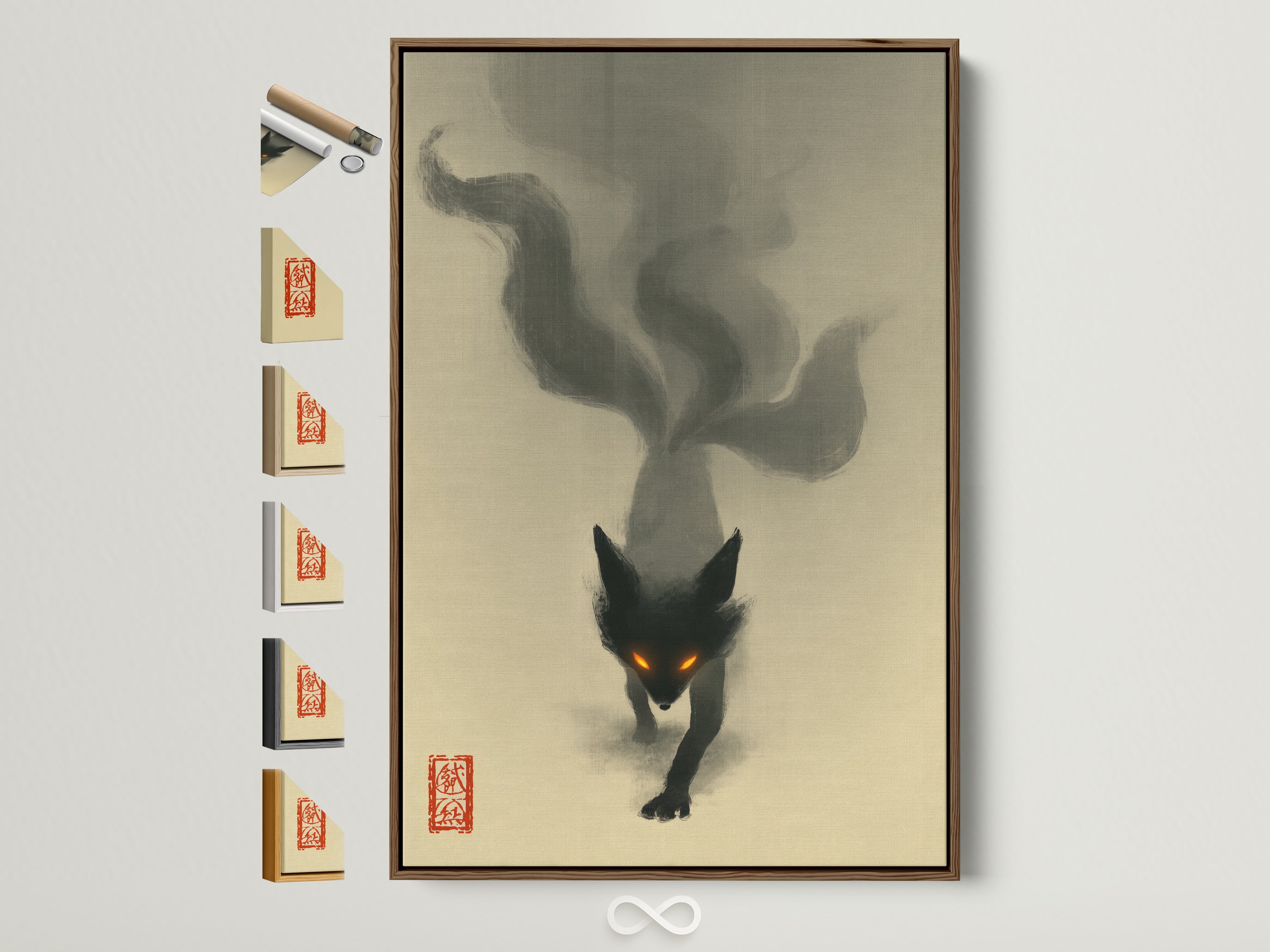 Mystical Fox Spirit art print with a brown frame. The artwork features a dark fox with glowing eyes. Frame options are displayed on the side. Gothic wall art elevates minimalist and Scandinavian styles.