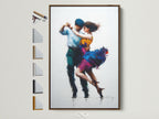 Artwork of a couple dancing is on display. It features a brown frame. All frame options are visible on the side. The artwork adds elegance to any interior. Consider this artwork to elevate your space.