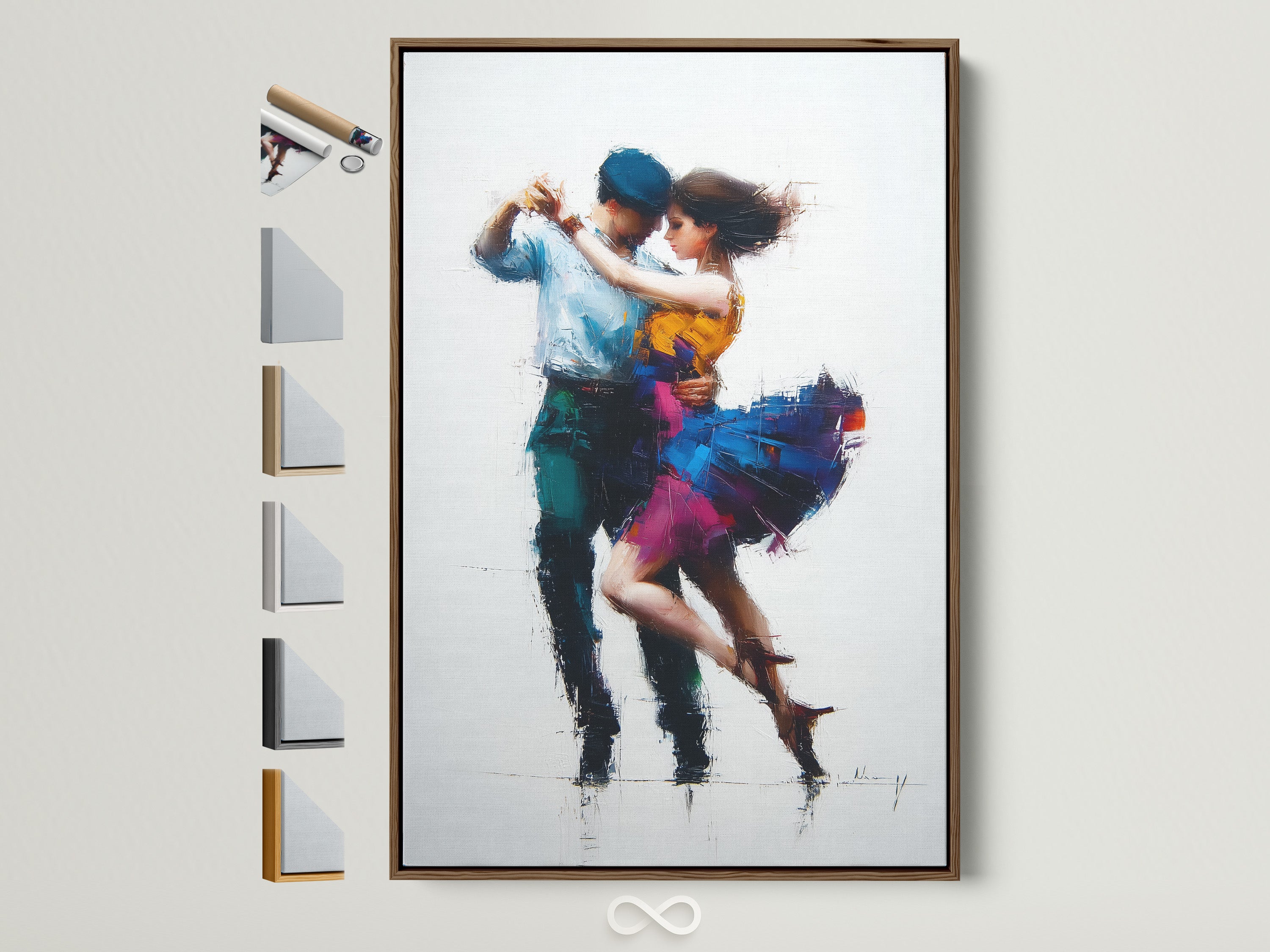 Artwork of a couple dancing is on display. It features a brown frame. All frame options are visible on the side. The artwork adds elegance to any interior. Consider this artwork to elevate your space.