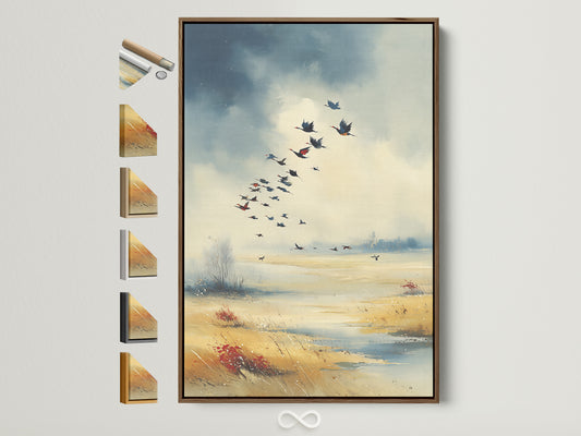 Birds in Flight canvas artwork with a brown frame. This rustic nature artwork adds warmth to any entryway decor. See all frame options to customize this beautiful piece. This avian art captures an autumn landscape perfectly. It brings a touch of country style to your home.