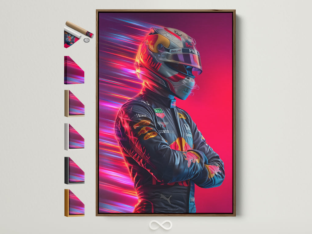 Formula Racing artwork with a driver portrait. The artwork is displayed in a brown frame. Various frame options are showcased beside it. Ideal for man caves or sports rooms.