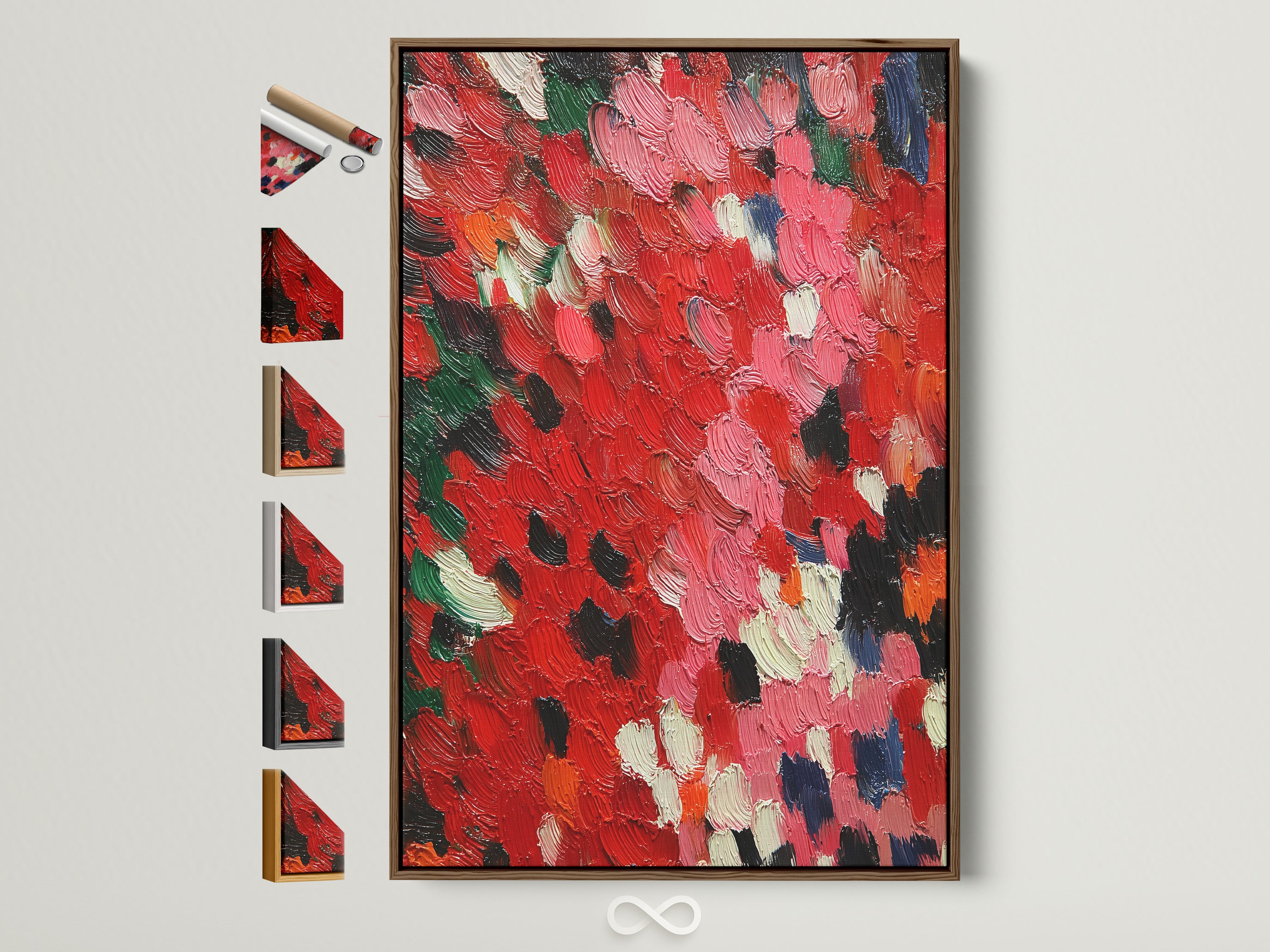 A red abstract artwork in a brown frame is displayed on a white wall. Several frame options are showcased on the side. This textured impasto wall art is ideal for bedroom decor. The contemporary palette knife painting adds a modern touch. It is perfect for adding a bold and colorful accent to any living space.