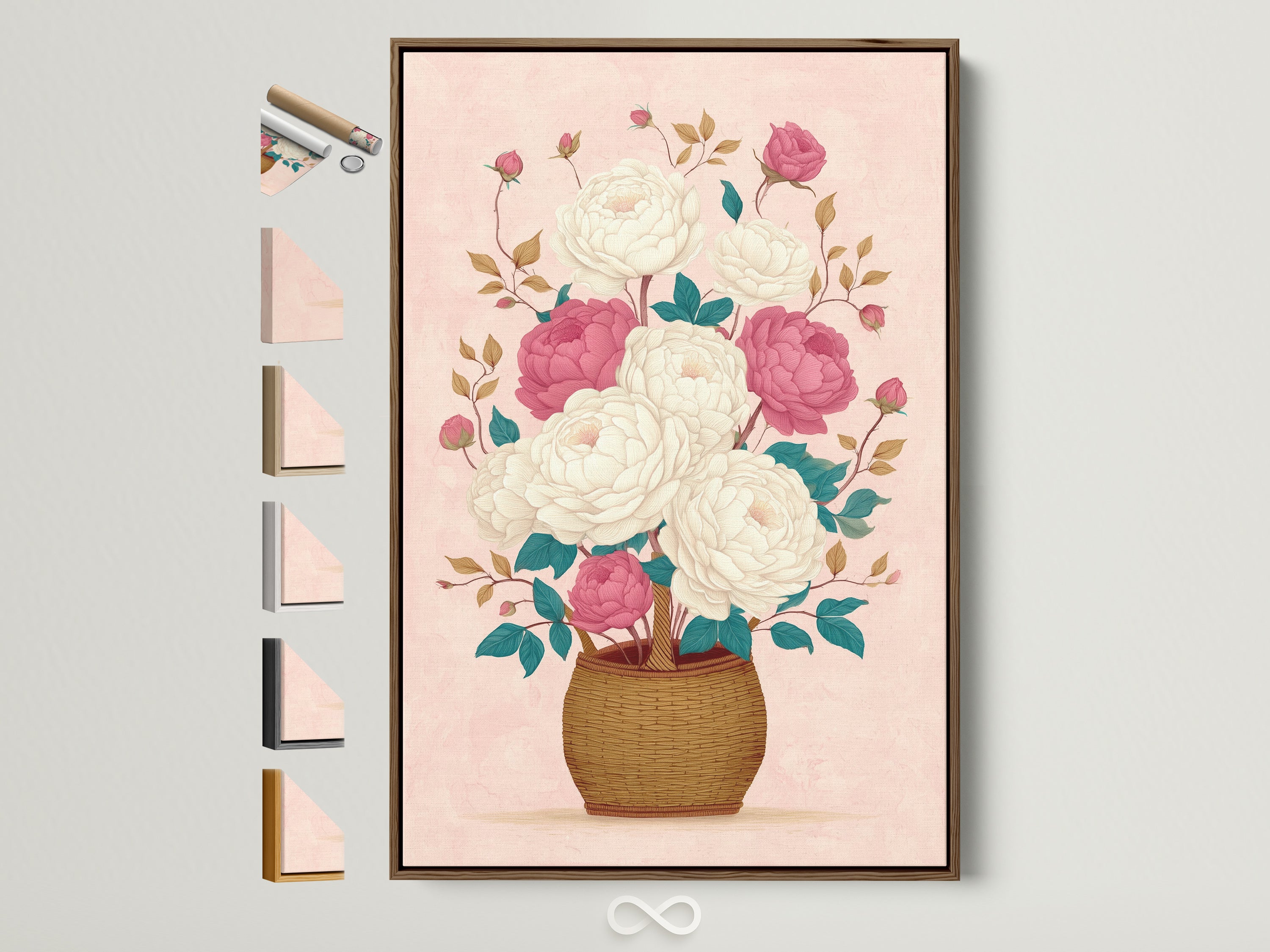 Charming floral canvas print featuring pink peony artwork. The artwork is framed in a brown frame. Explore frame options for your botanical flower artwork. Enhance your home decor with cottagecore aesthetic art.