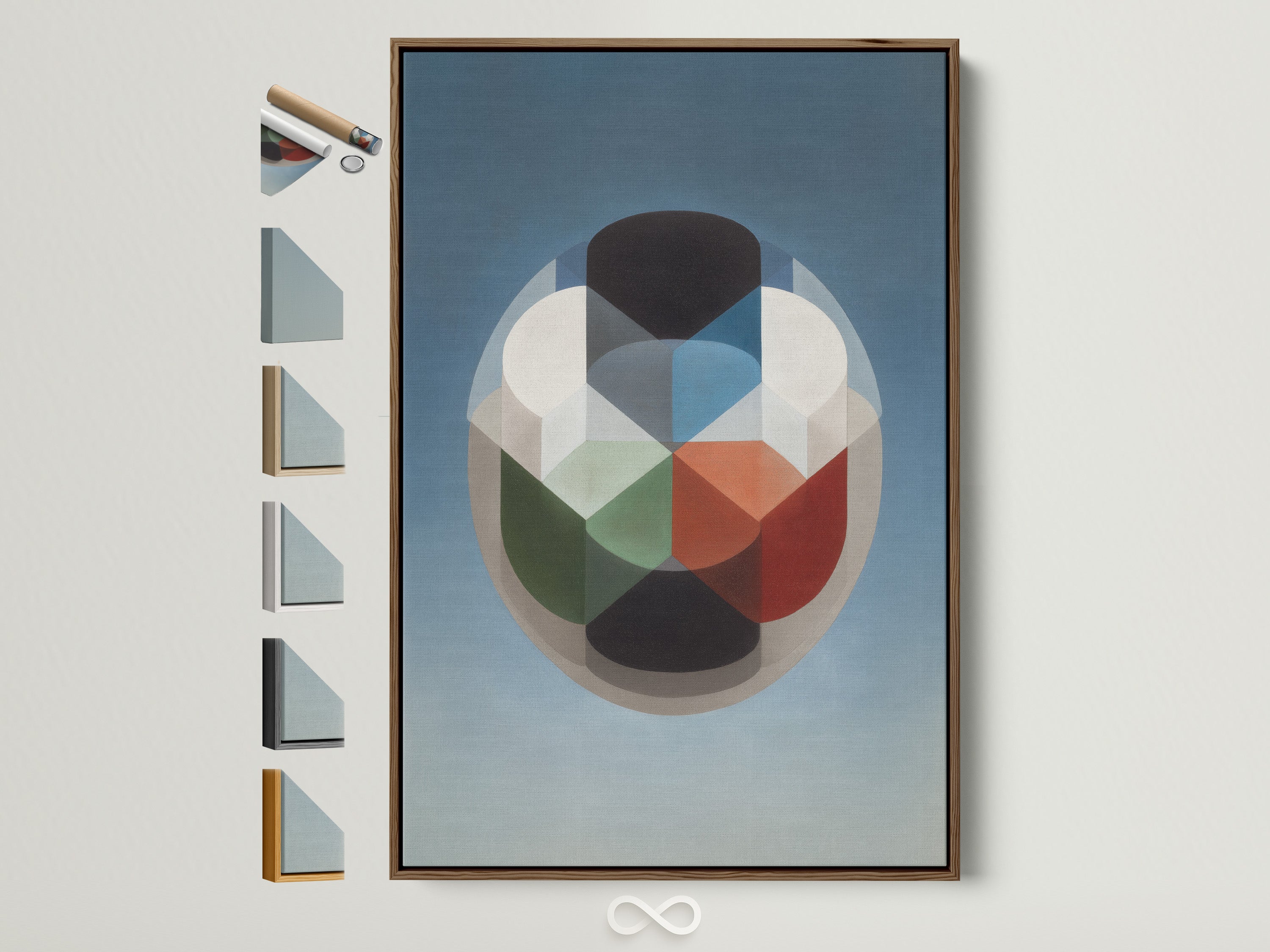 Mid Century Modern artwork with a Brown Frame. The artwork features an abstract geometric design. It has a retro color block pattern. Frame options are displayed on the side. Elevate your space with this modern canvas art.