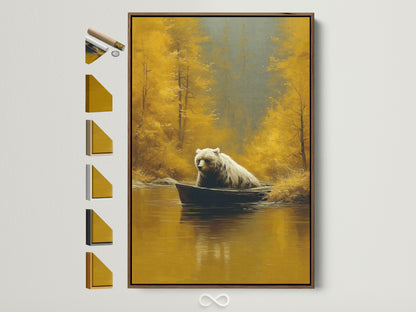 Explore framed wildlife artwork. A beige-toned bear in a boat is surrounded by a golden autumn forest. The artwork is encased in a brown frame. Discover frame options for your cabin wall art. This piece brings rustic charm to any space. Perfect gift for him. Consider this nature artwork for your home.
