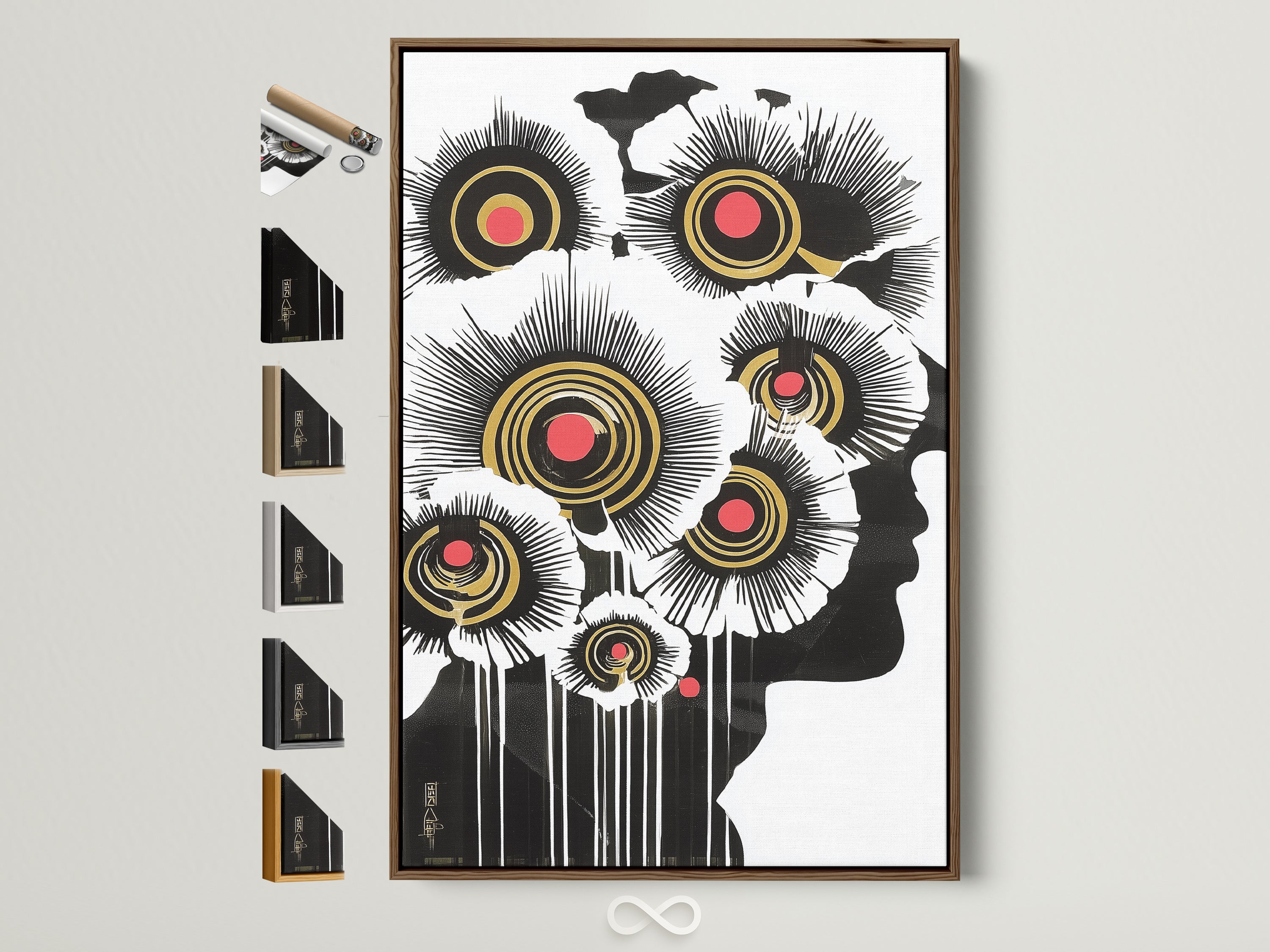 Modern botanical wall art featuring abstract floral elements in a brown frame. This black white and gold artwork adds a touch of elegance to any space. Various frame options are displayed. It is perfect for urban homes creative studios and chic offices.