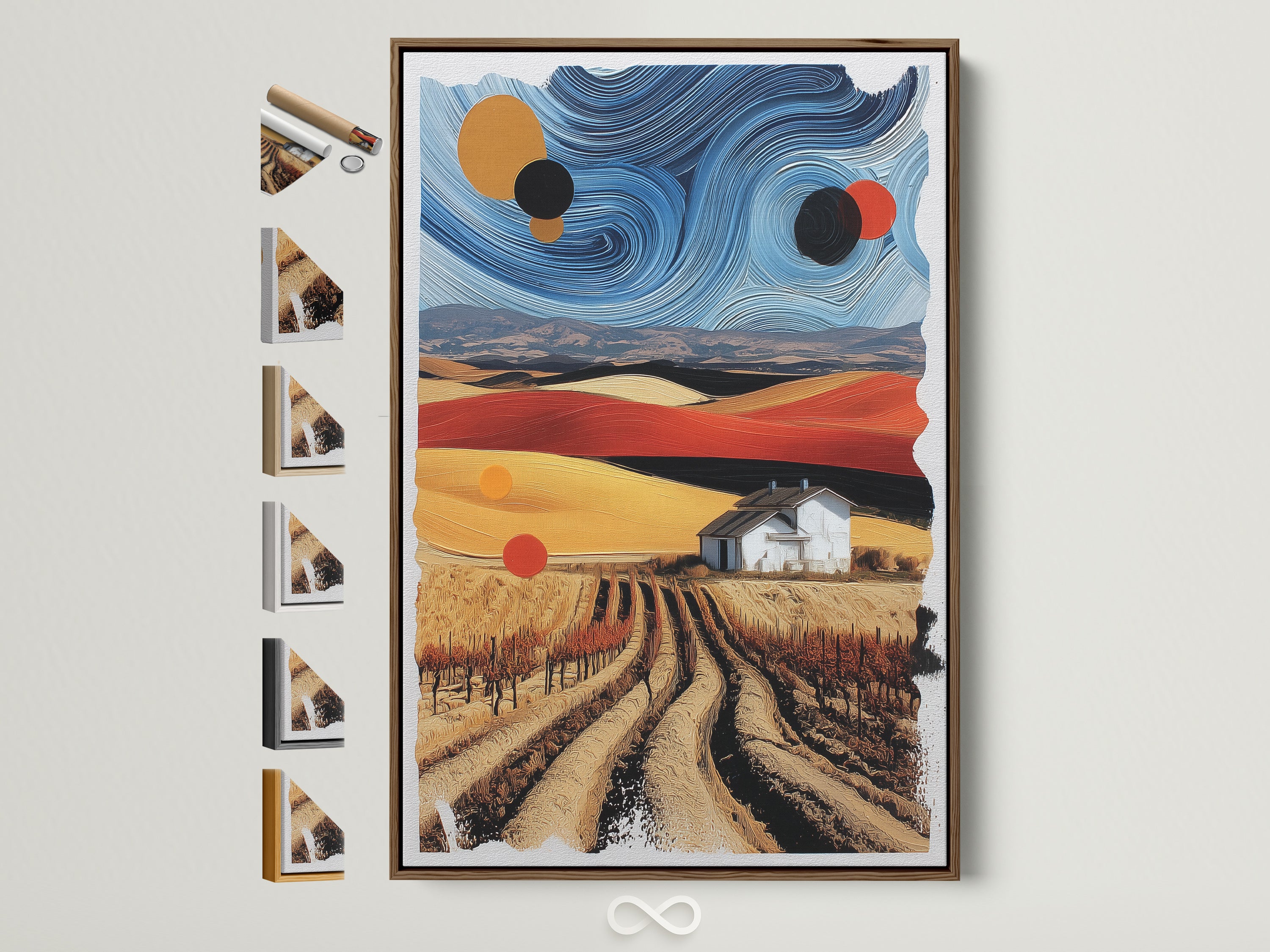 Abstract landscape artwork in a brown frame. This surreal farm art is displayed with available frame options. Discover contemporary country wall decor ideas. Perfect for adding a touch of modern landscape to your office space. The blue beige primary colors enhance any room.