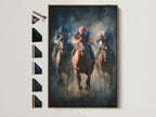 Artwork with a brown frame. The artwork shows a horse race. The image features a brown frame with all available frame options displayed on the side. It is a great way to showcase the variety of frame styles.