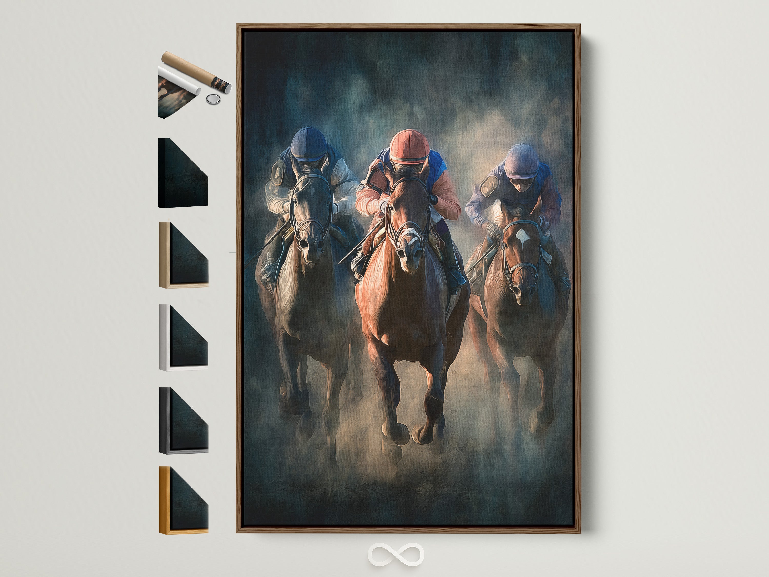 Artwork with a brown frame. The artwork shows a horse race. The image features a brown frame with all available frame options displayed on the side. It is a great way to showcase the variety of frame styles.