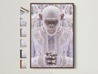 A captivating Monkey Pope art print is displayed within a brown frame. The artwork is showcased alongside various frame options. This surreal religious wall art adds a unique touch to any space. Perfect for eclectic maximalist or modern styles. Elevate your home or office decor with this contemporary animal portrait canvas.