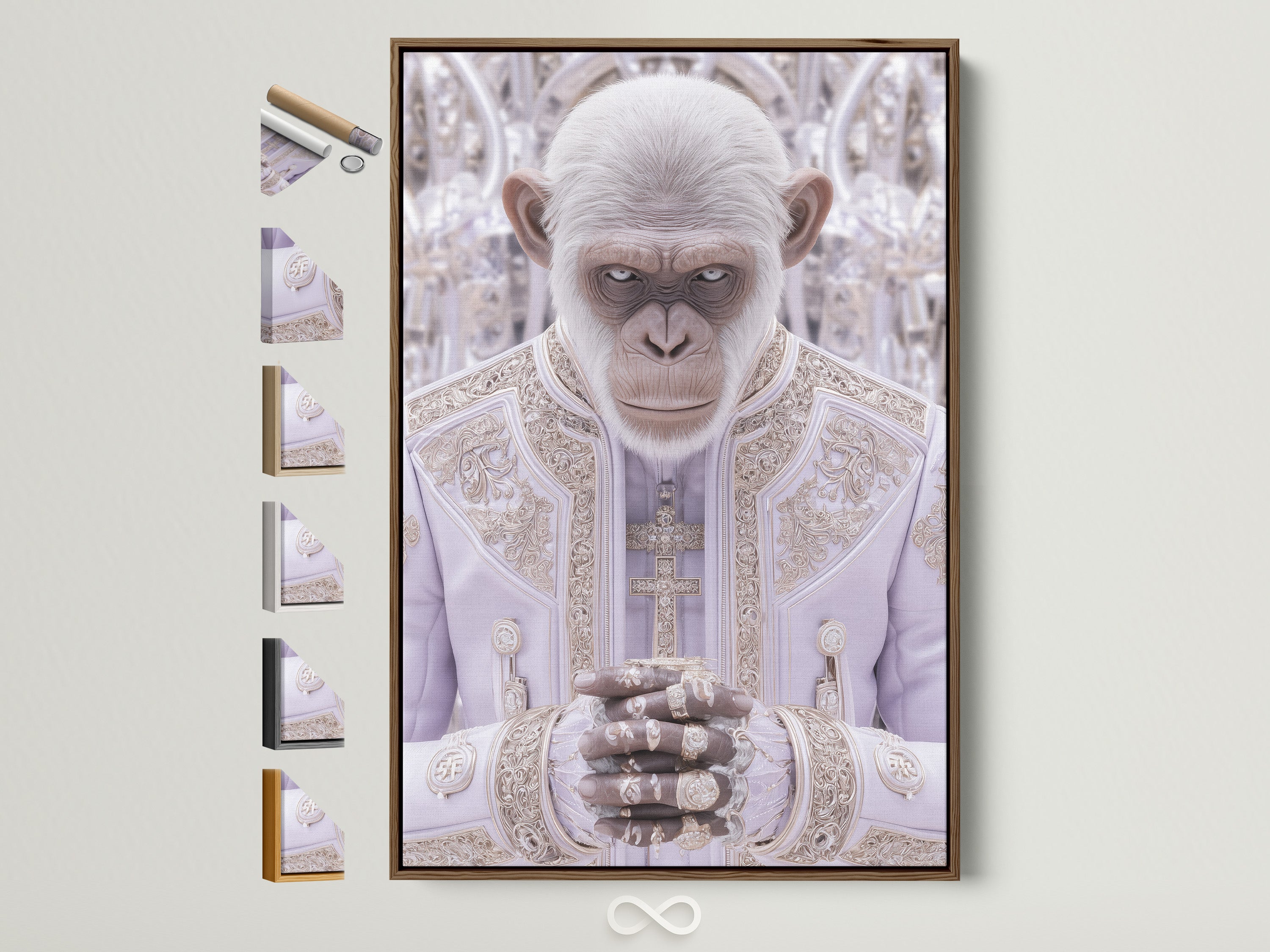 A captivating Monkey Pope art print is displayed within a brown frame. The artwork is showcased alongside various frame options. This surreal religious wall art adds a unique touch to any space. Perfect for eclectic maximalist or modern styles. Elevate your home or office decor with this contemporary animal portrait canvas.
