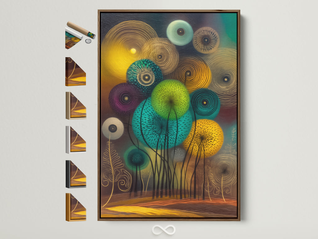 Modern abstract floral art in a brown frame graces a minimalist wall. Explore frame options beside the artwork. Teal and gold botanical wall art adds a contemporary touch. Perfect for living rooms offices and bedrooms. Enhance your space with this scandi decor piece.