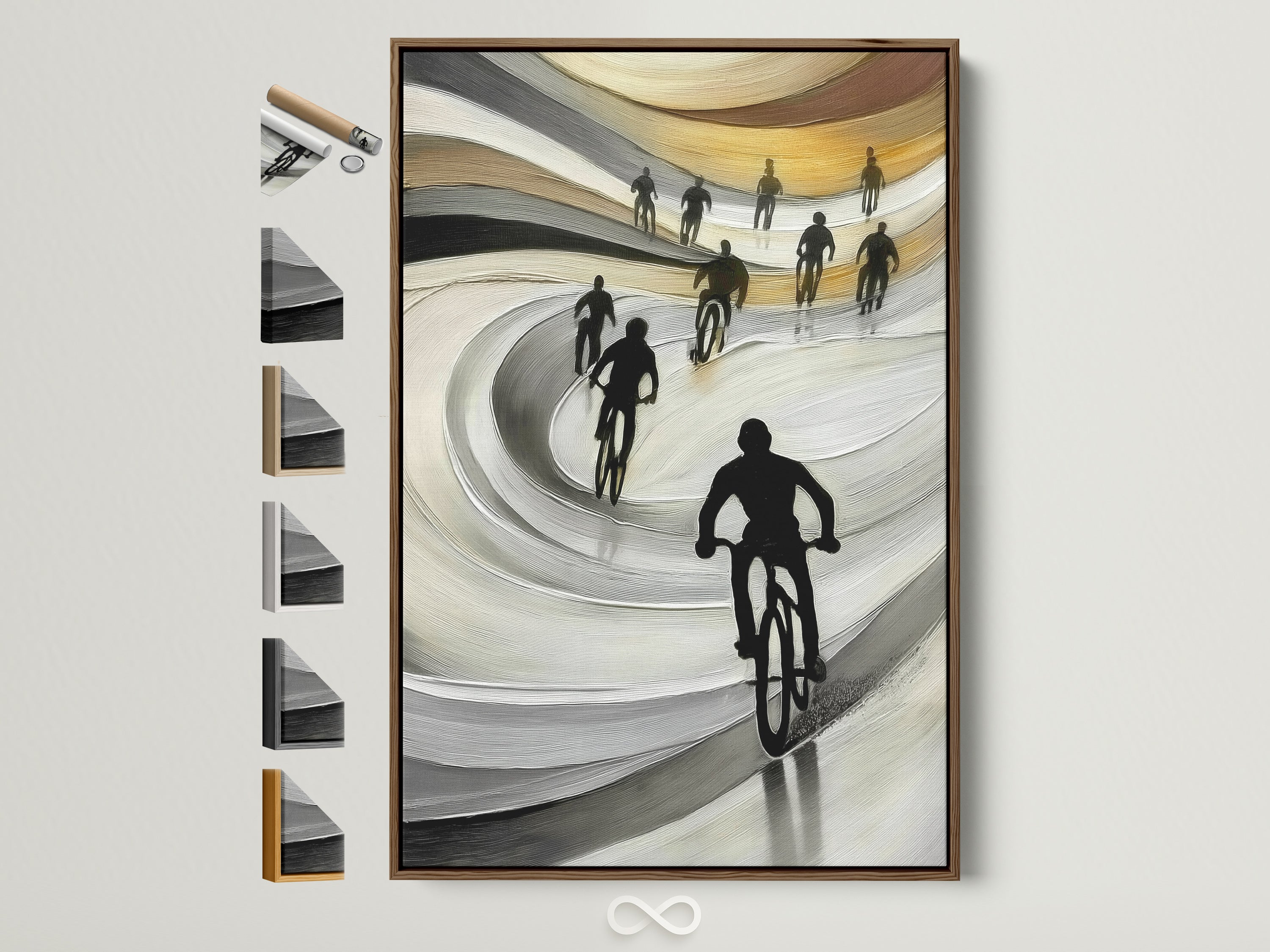Explore frame options for the Cyclists Canvas Print. This brown frame is displayed alongside other frame styles. Perfect for minimalist or contemporary decor. Elevate your space with stylish wall art.