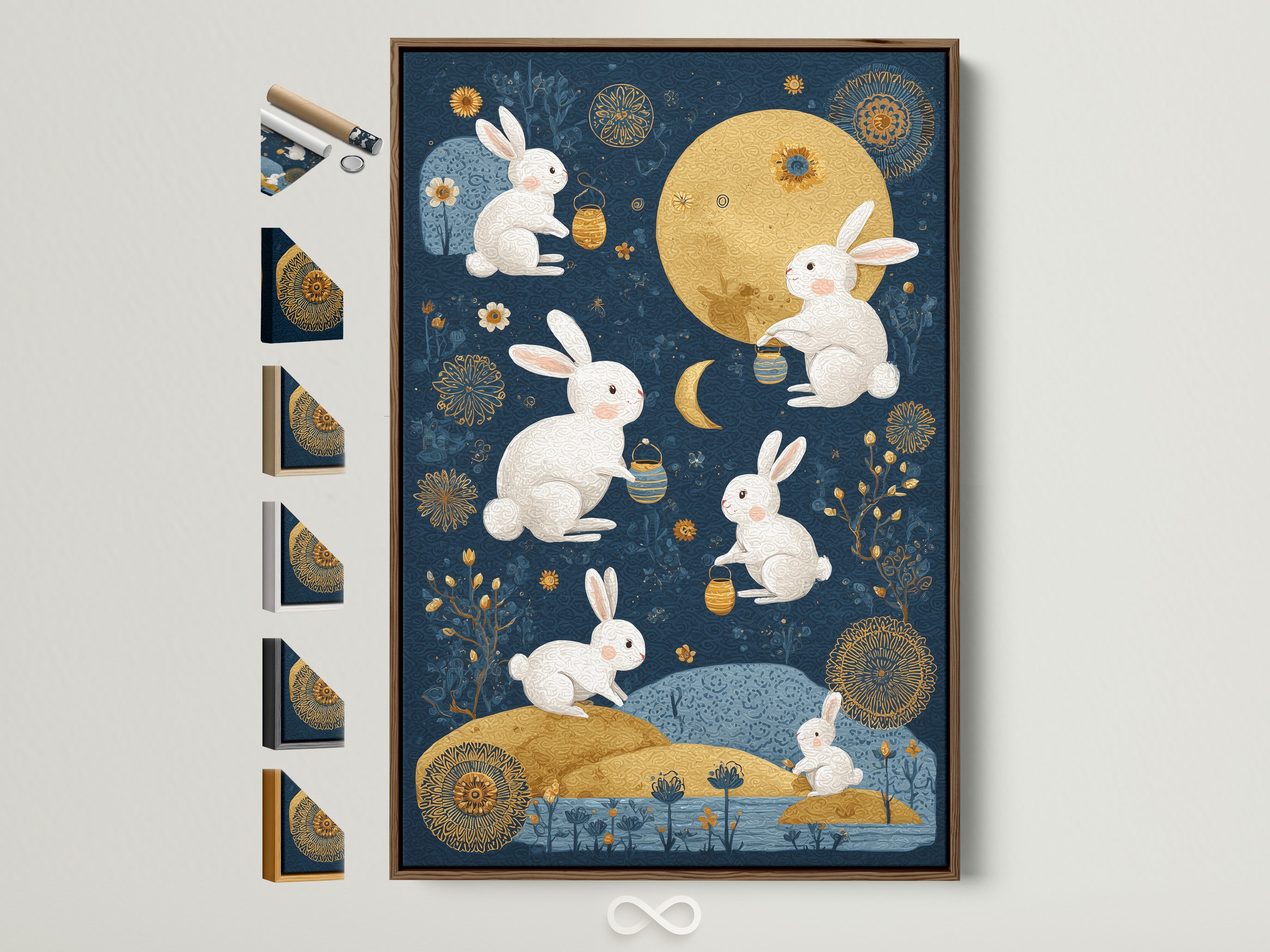 Explore framed artwork options. This image showcases a brown frame with various other frame choices displayed on the side. Perfect for visualizing different styles. Find the ideal frame to complement your art.